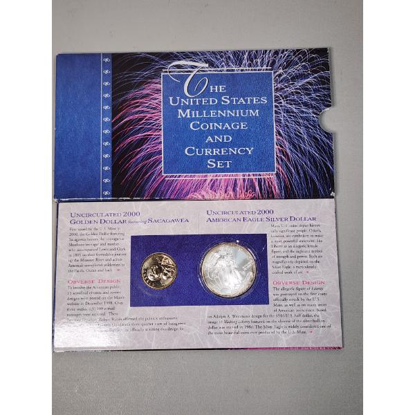 U.S. Millennium Coinage and Currency Set Including Uncirculated Silver Dollar, $1 Bill, & Sacagawea 