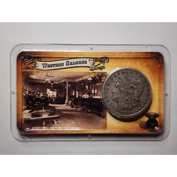 1885 United Stated Morgan 90% Silver Dollar with Western Saloon Information Display