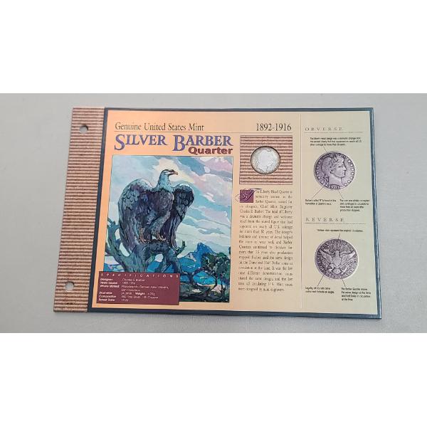 1898 90% Silver Barber Quarter On American Historic Society Display Card - Face Value: $0.25