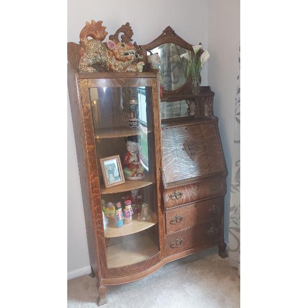RARE Antique - Oak Victorian Combination Desk / Mirrored Bent Glass Curio Cabinet 