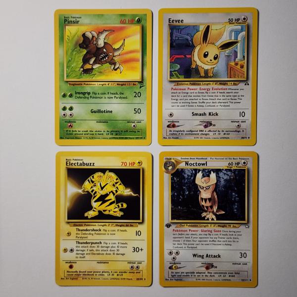 Four Assorted Vintage Pokemon Trading Cards Including Two Rares, Eevee & 1ST EDITION NOCTOWL