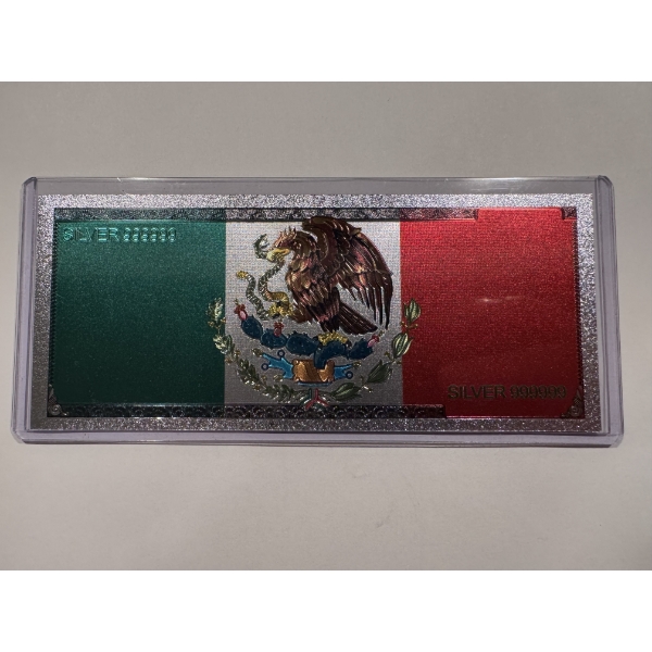 Rare Mexican Independence Banknote in .999999 Fine Silver Foil In Protective Holder - Mint Condition