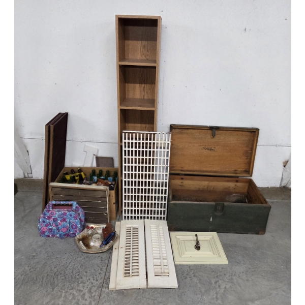 Vintage Bottle Collection, 14.5''x12'' Wood Shutters, 11''x12''x60'' Storage Shelf, Wood 30''x11''x1