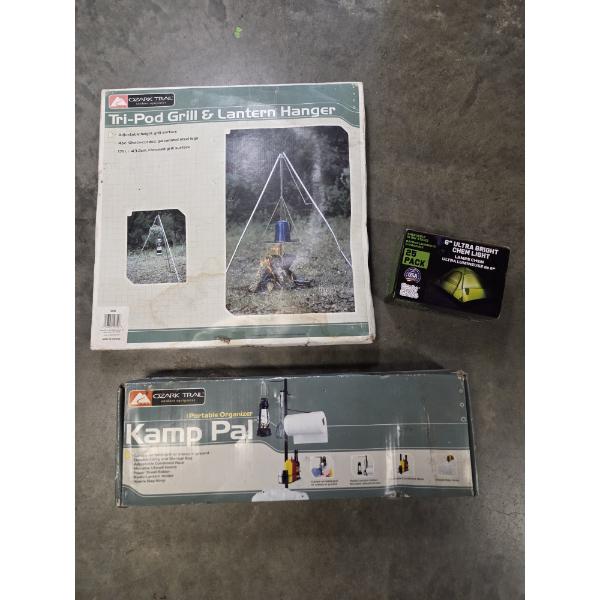 All New-Tripod Grill/Lantern Hanger, Kamp Pal Organizer, & 25 Snap Glow Sticks!