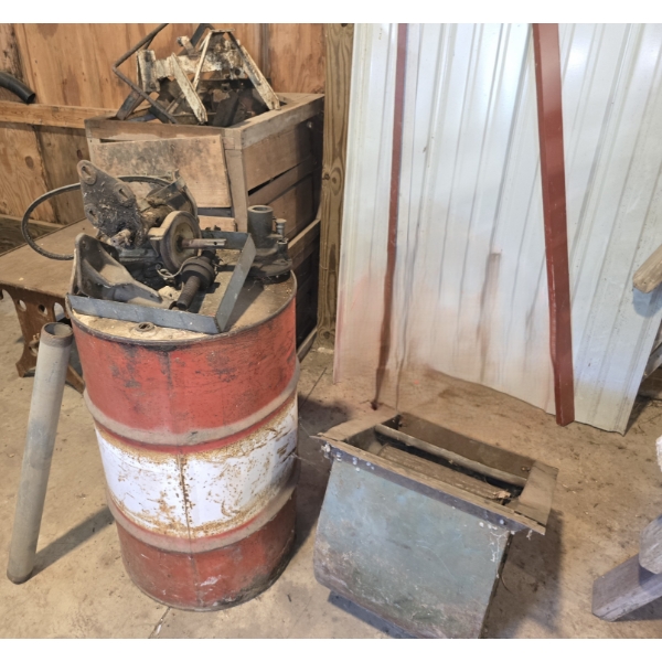 Scrap Metal Lot with Wooden Bench and Homemade Wooden Drawers