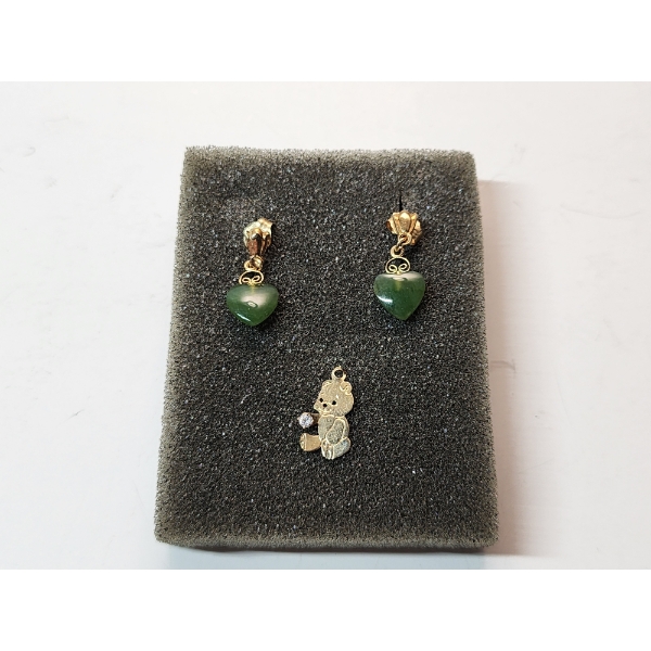 14K Gold Jade Heart Earrings and 14K Gold Teddy Bear Pendant - TW: 1.2g