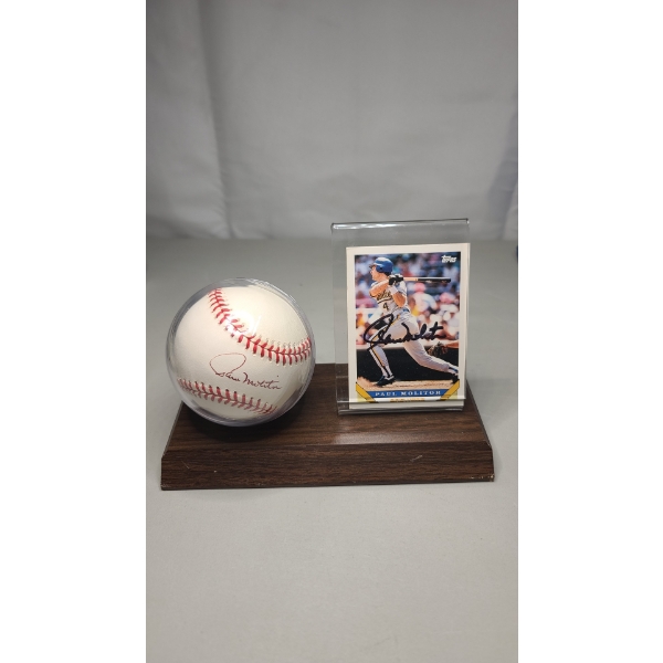 Autographed Paul Molitor 1987 Topps Baseball Card & Rawlings Baseball In Display