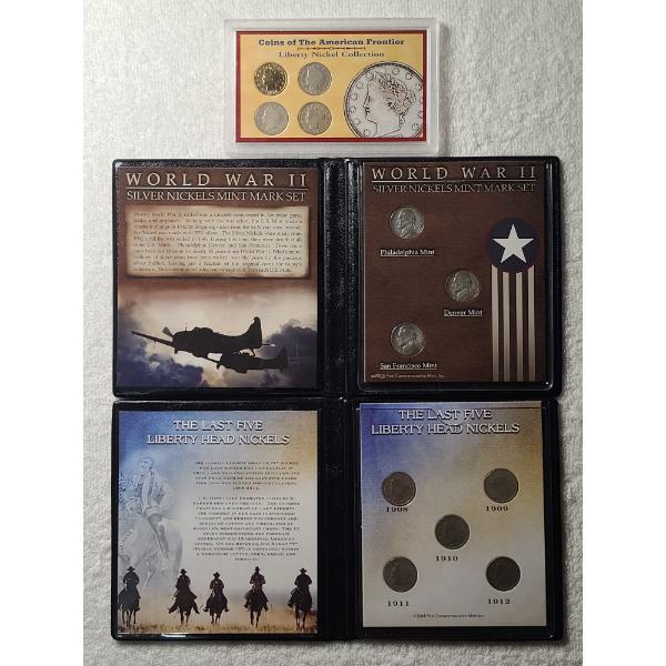 Three US Coin Displays - Coins of American Frontier, WWII Silver Nickel Set & Last 5 Liberty Nickels
