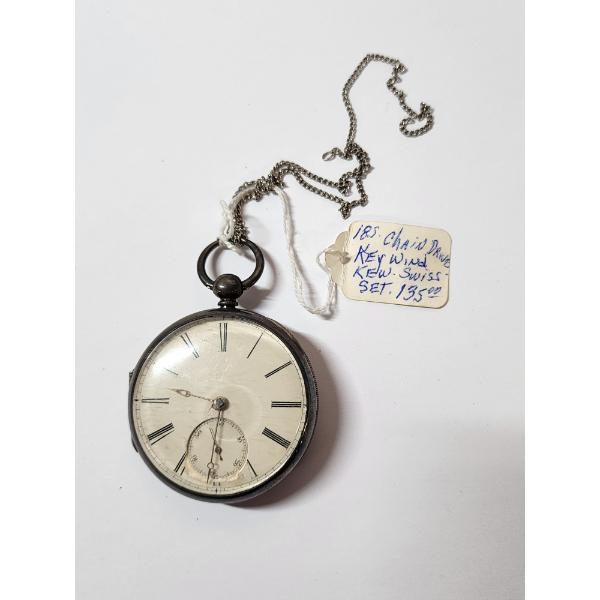 Antique Key Wind Pocket Watch Roman Numeral Dial With Chain
