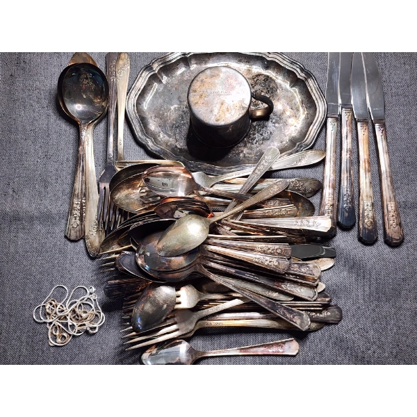 Over 5 Pounds in Silverplated Items Including Silverware, Cup & Plate - BONUS "925" MARKED NECKLACES