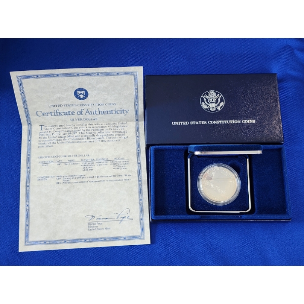 1987 U.S. Constitution 90% Silver Dollar Proof w/ Box & CoA