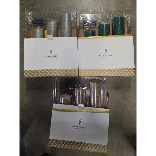 Three Brand New Luminara 3 Remote Control Candle Sets In Green, Silver & Gold