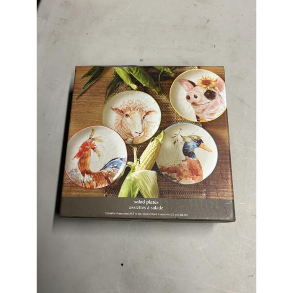 4 Salad Plates - Sheep - Pig - Duck - Rooster - Pier 1 Imports - Hand-Painted Stoneware
