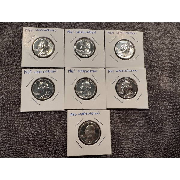 7 - United States Washington 90% Silver Quarters - All High Grade - $1.75 Face Value