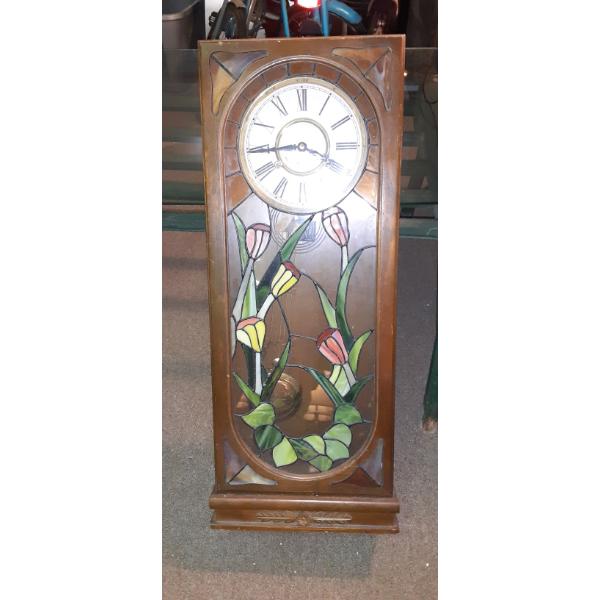 Large Wooden Case Pendulum Clock With Leaded Glass Floral Panel 31 x 12 x 4 - Needs Top Panel - See 