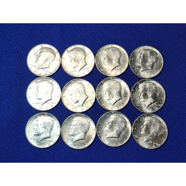 Lot of 12 1964 Kennedy 90% Silver Half Dollars