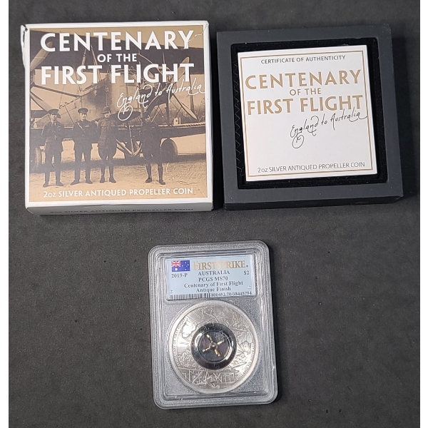 2019P First Strike Australia PCGS MS70 Centenary Of First Flight Antiqued 2 Oz Silver Propeller Coin