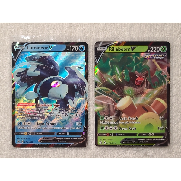 Two Holo Pokemon Trading Cards - Lumineon V Promo SWSH250 & Rillaboom V 022/264