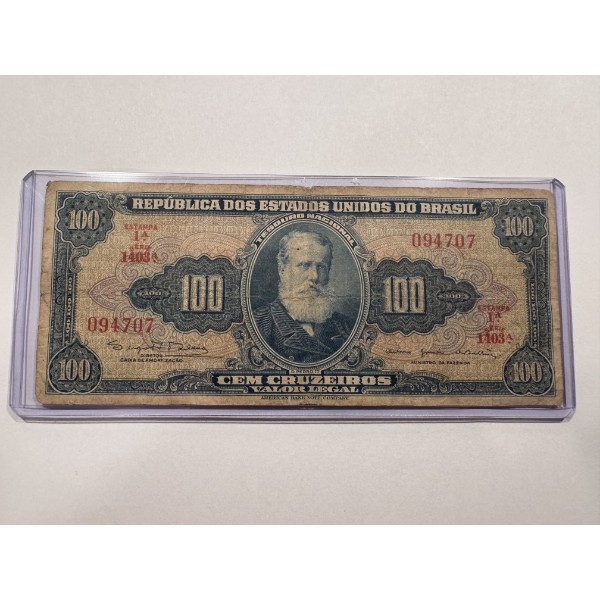 1960's Republic of Brazil 100 Cruzeiros Note - Low Serial Number - In Protective Holder