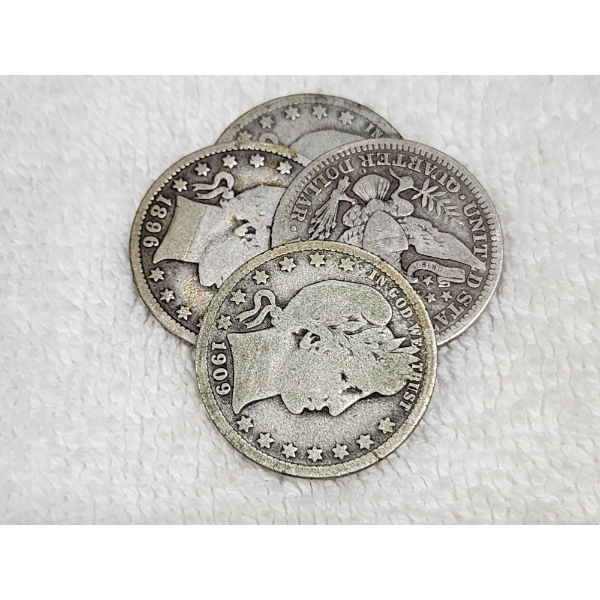 Four Assorted United States 90% Silver Barber Quarters ~ $1.00 Face Value!