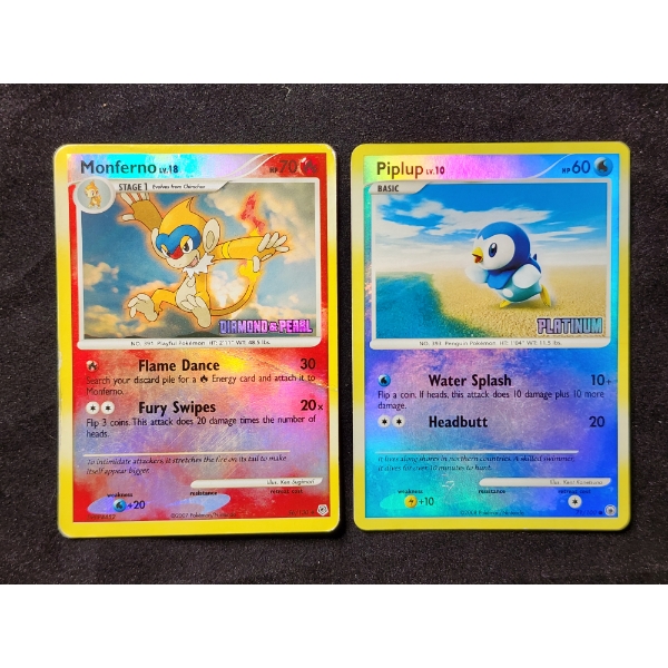 Two STAMPED Reverse Holo Vintage Pokemon Trading Cards ~ Monferno Lv.18 & Piplup Lv.10