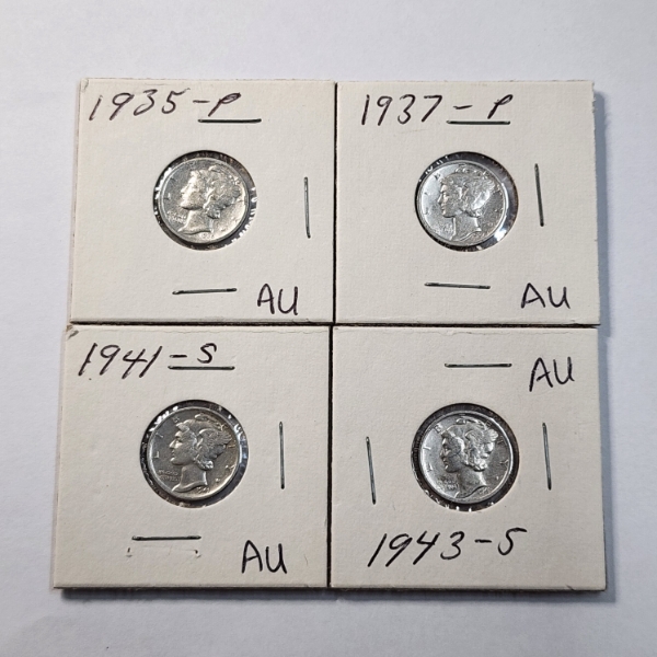 Four United States Mercury Dimes: 1935, 1937, 1941-S, 1943-S