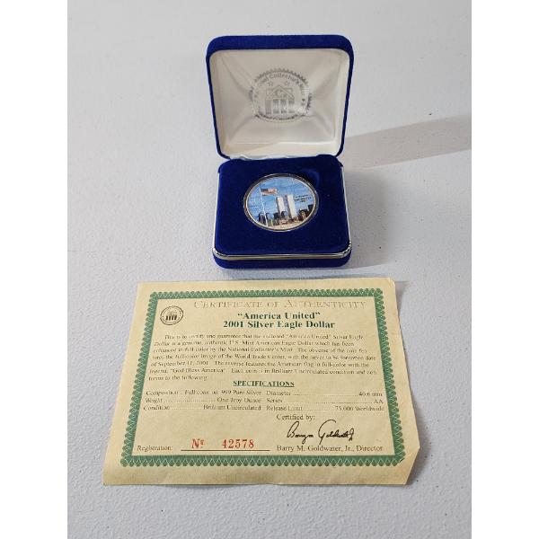 2001 BU America Silver Eagle - "America United" Colorized, 1 oz Fine Silver w/ COA