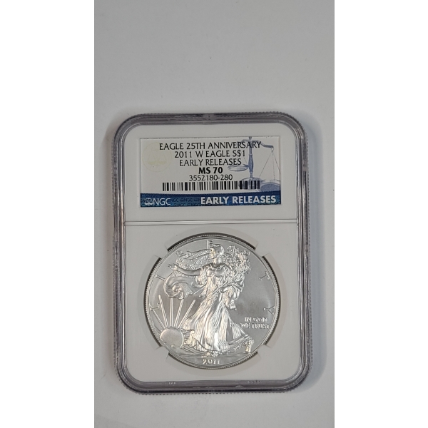NGC 2011-W MS 70 Early Releases 25th Anniversary 1 Troy Oz .999 Fine Silver American Eagle 