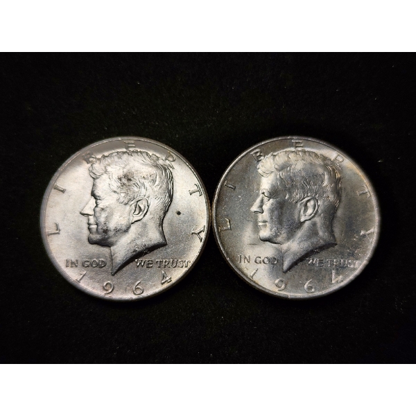 Two Brilliant 1964 Kennedy 90% Silver Half Dollars - $1.00 Face Value