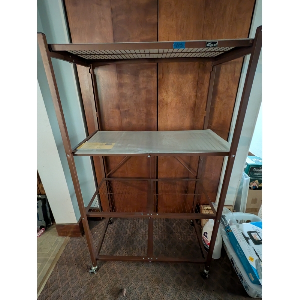 Two Almost New Metal Wire Collapsable Shelving Units On Wheels (3ftx62" And 29"x38")