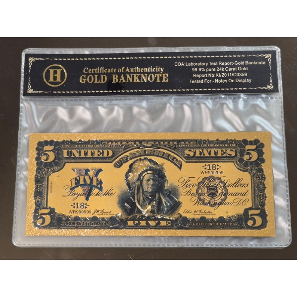 United States Historic 1899 Large Note Pure 24k .999 Gold Foil $5 Indian Chief Replica w COA - Mint.