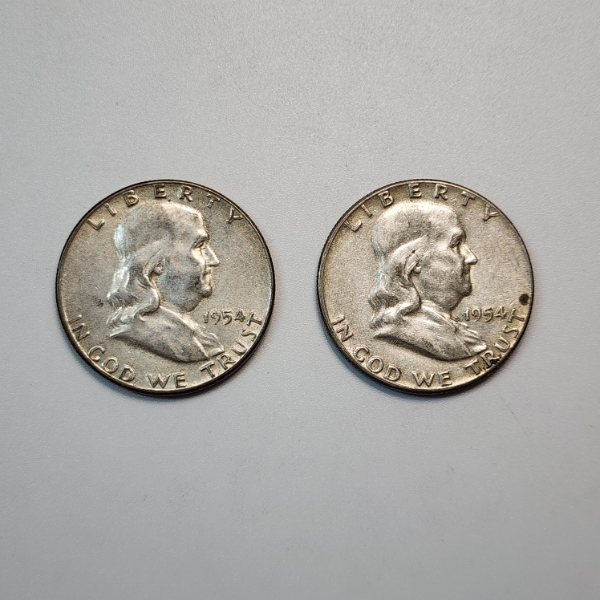 Two 1954 United States 90% Silver Franklin Half Dollars - FV: $1.00