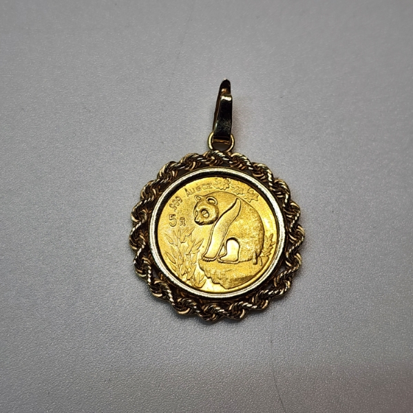 1993 China 5 Yuan 1/20th oz .999 Fine Gold Panda in 10K Bezel Pendant - Total Weight 2.5g