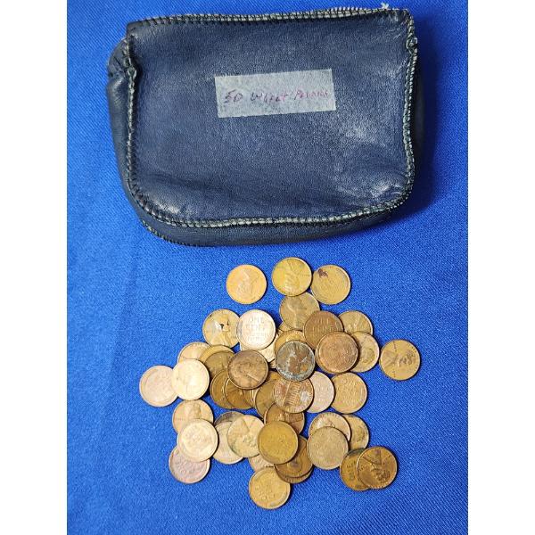 x50 One Cent Coins: x48 U.S. Wheat Cents & x2 Canadian Cents with Coin Bag