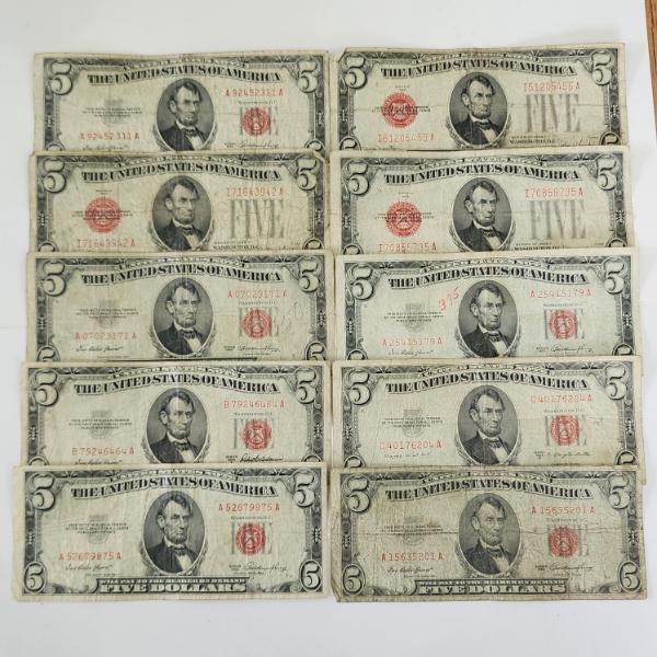 Ten United States Red Seal $5 Notes - Face Value $50.00