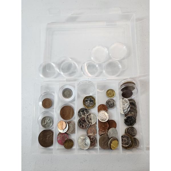 Nice Large Assortment of World Coins With Some Capsules and Plastic Storage Case - See Photos! 