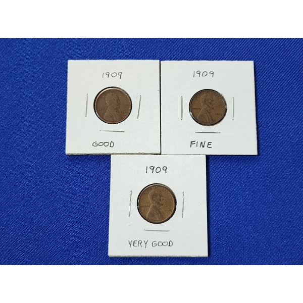 x3 1909 Lincoln Cents: Good, Fine, Very Good