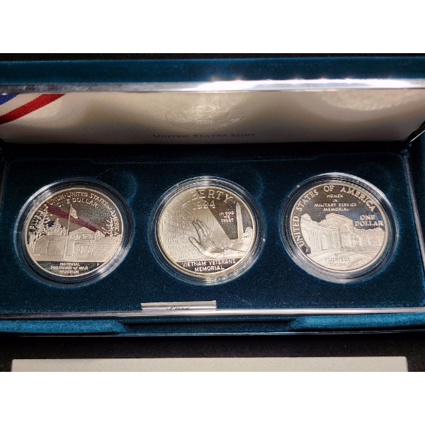 1994 U.S. Veterans Commemorative 90% Silver Dollars 3 Coin Proof Set - Over 2 Troy Oz Silver!