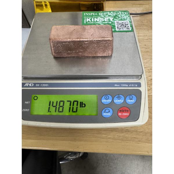 Incredible 1.487 LB Pound Copper Ingot Bar - Mint Condition - Exceptional Piece