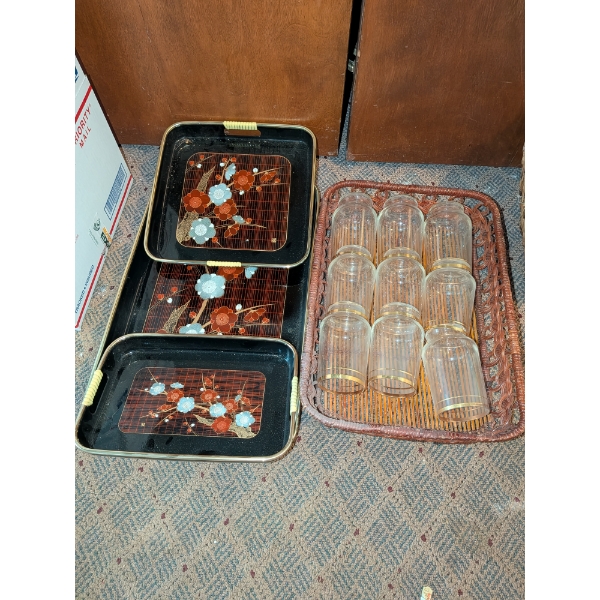 3 Piece Gorgeous Serving Trays, 9 Gold Rim Vintage Drinking Glasses And Basket Tray