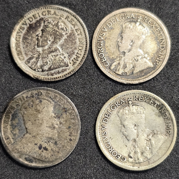 Lot of 4 Canadian 5 Cent Pieces - (2) 1920 .800 Silver, 1902 .925 Sterling and 1913 .925 Sterling