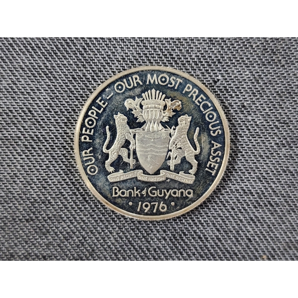 1976 Bank of Guyana Our People Our Most Precious Asset $5 Collective Work 50% Silver Coin