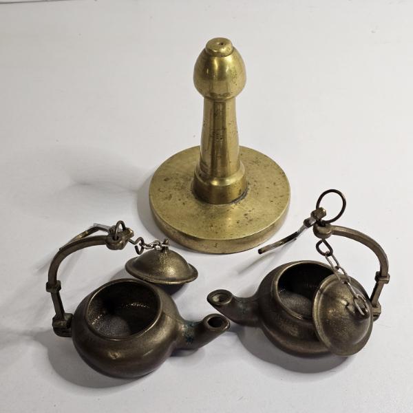 Antique European Brass Betty Lamps with Center Stand