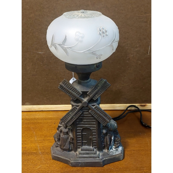 Antique Early ca 1920s Windmill Spelter 14" Tall Table Lamp With Frosted & Etched Globe 