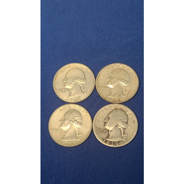 1962-D, 1962, 1939 (Possible Mint Mark), 1964-D 90% Silver Washington Head Quarters - Face Value: $1