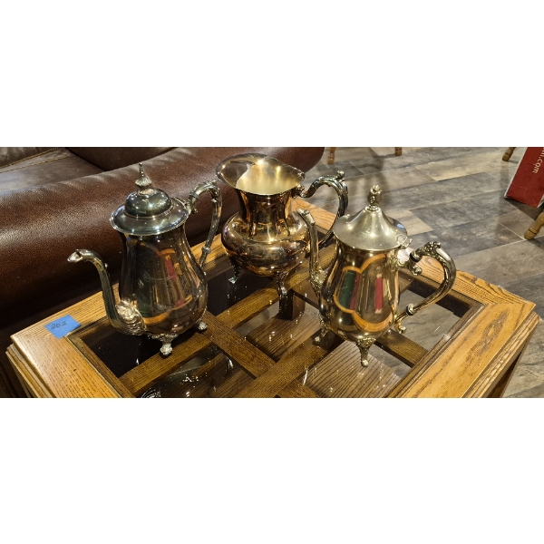 3 Piece Silver Plate Coffee / Tea Set With Water Pitcher - Clean