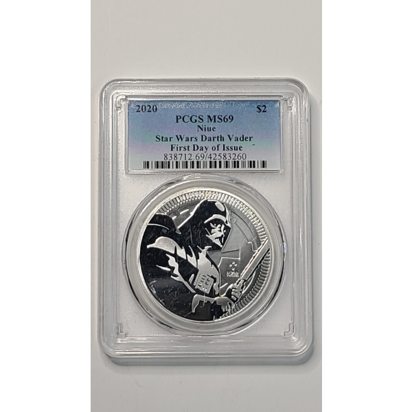 PCGS 2020 MS69 Niue $2 Star Wars: Darth Vader First Day Of Issue 1 Oz .999 Silver Coin