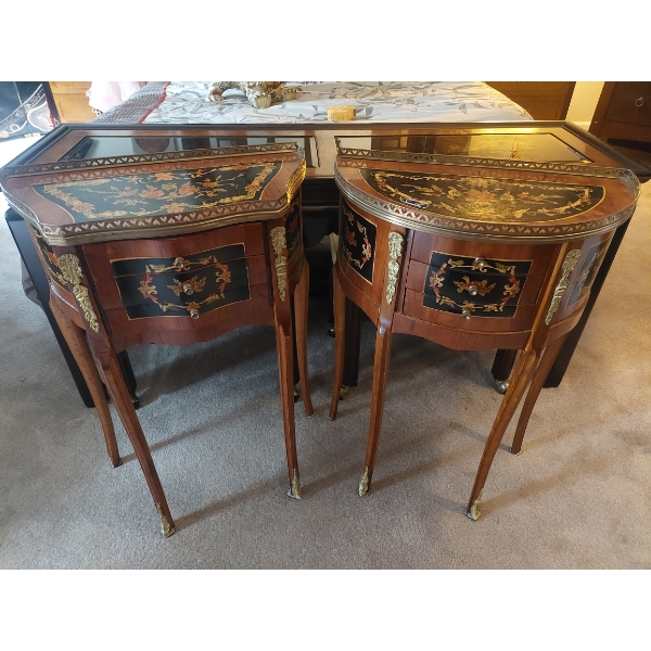 Pair Of 4 Leg Half Round Occasional 3 Drawer Side Tables - Detailed Hand Painted Workmanship