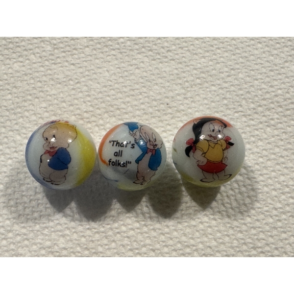3 - Vintage Porky Pig Cartoon Glass Advertising Marbles