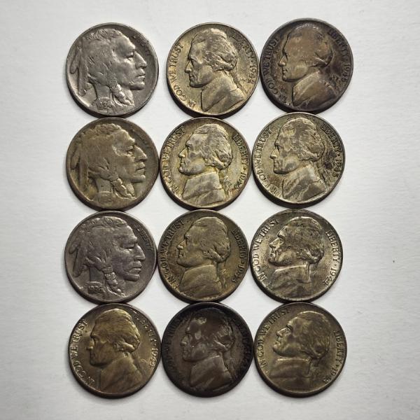 Nice Assortment of 12 Different United States Nickels ~ 9 Silver War Nickels & 3 Buffalo Nickels